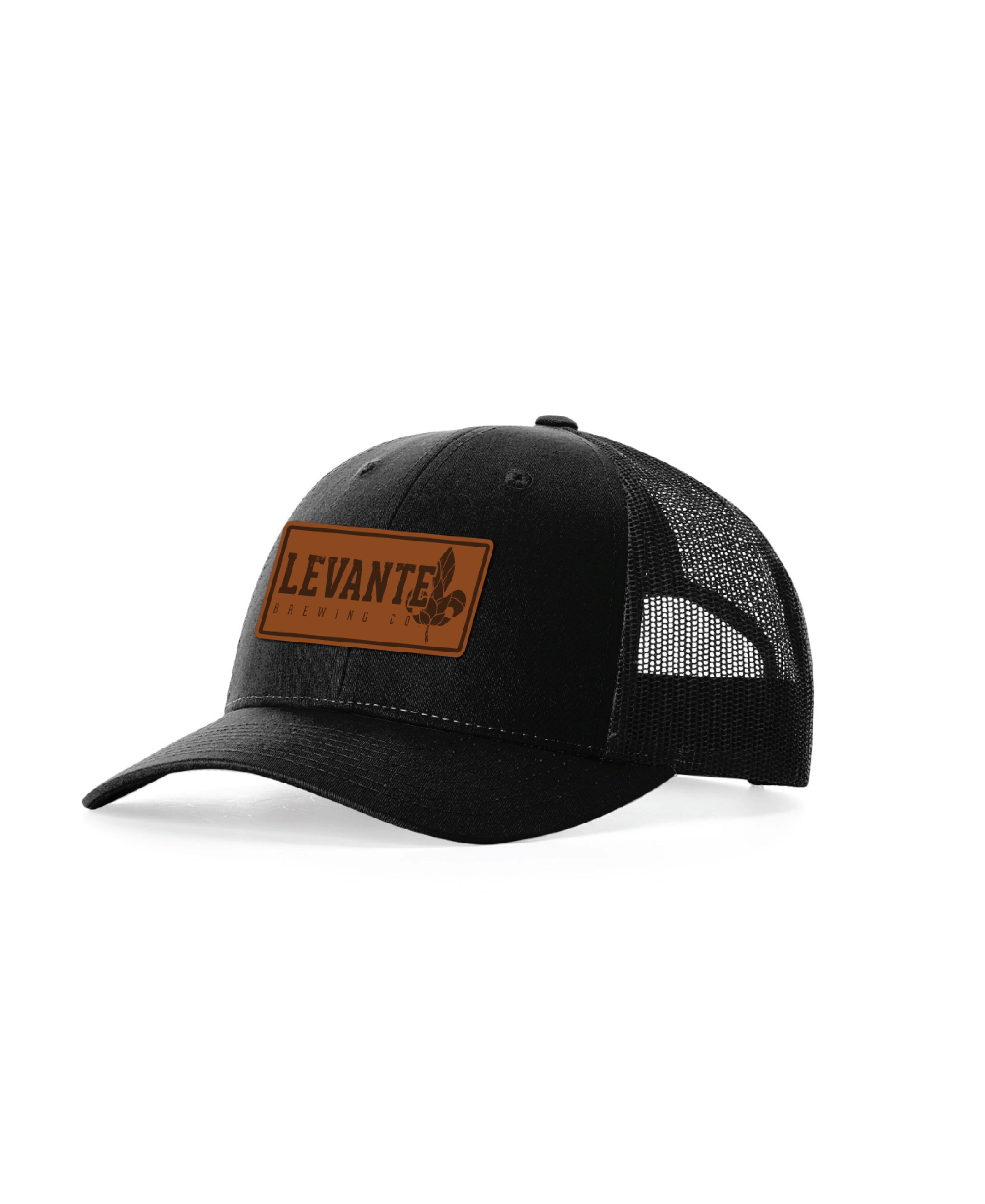 Levante Logo Faux Leather Patch Low Crown Trucker (Black Black)