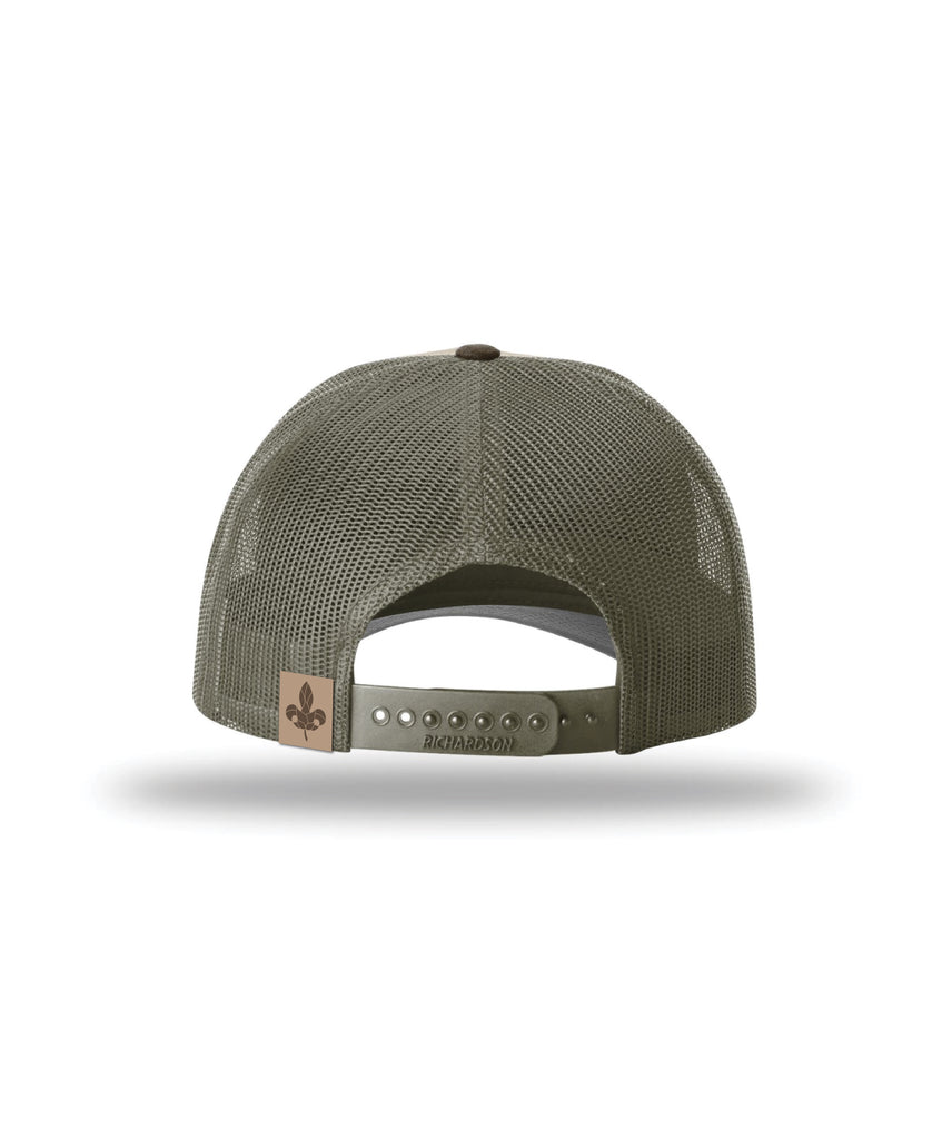 Levante Circle Emblem Faux Leather Patch Low Crown Trucker (Tan / Loden / Brown)