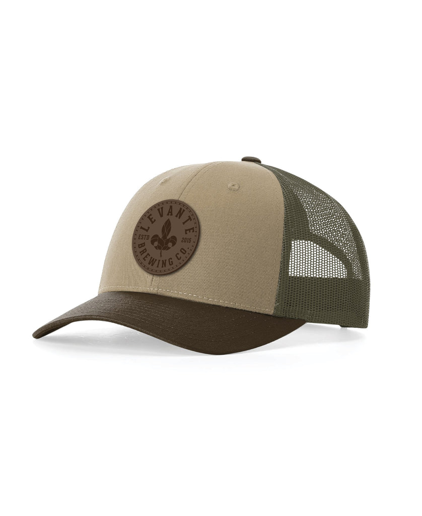 Levante Circle Emblem Faux Leather Patch Low Crown Trucker (Tan / Loden / Brown)